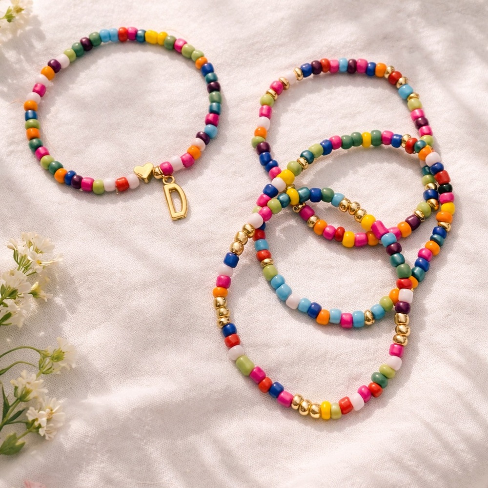 Colorful Beaded initial Bracelet stack Set - Picture 1 of 3